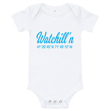 Load image into Gallery viewer, Watchill&#39;n &#39;Coordinates&#39; - Baby Jersey Short Sleeve One Piece (Cyan) - Watch Hill RI t-shirts with vintage surfing and motorcycle designs.