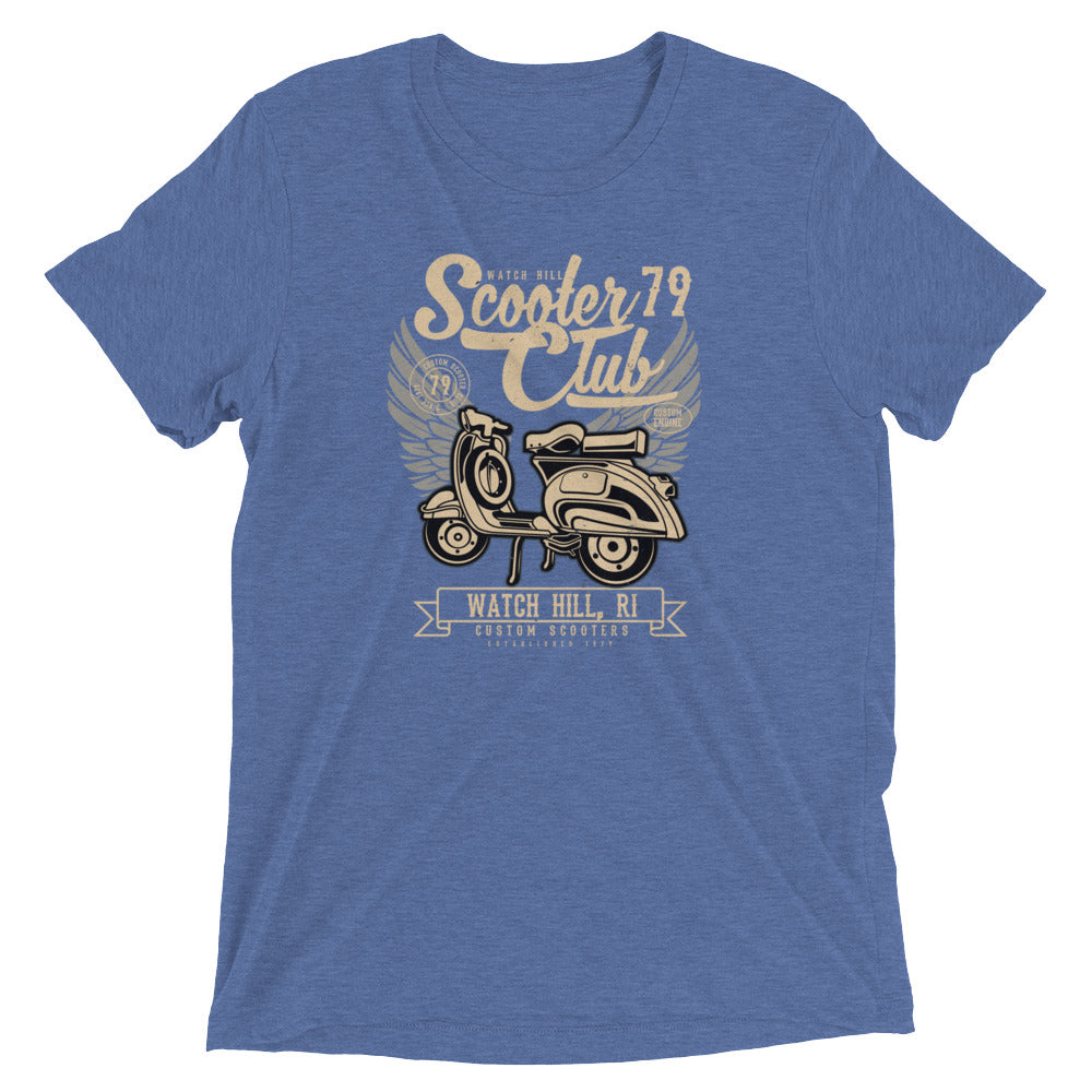 Watchill’n ‘Scooter Club 2’ Unisex Short Sleeve t-shirt (Creme/Black) - Watch Hill RI t-shirts with vintage surfing and motorcycle designs.