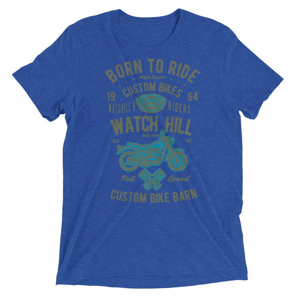 Watchill’n ‘Born To Ride’ Unisex Short sleeve t-shirt (Olive/Blue) - Watchill'n