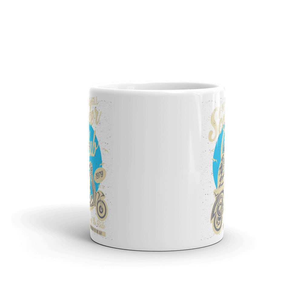 Watchill’n ‘Scooter Club’ Ceramic Mugs in 11oz. or 15oz. (Creme/Cyan) - Watch Hill RI t-shirts with vintage surfing and motorcycle designs.