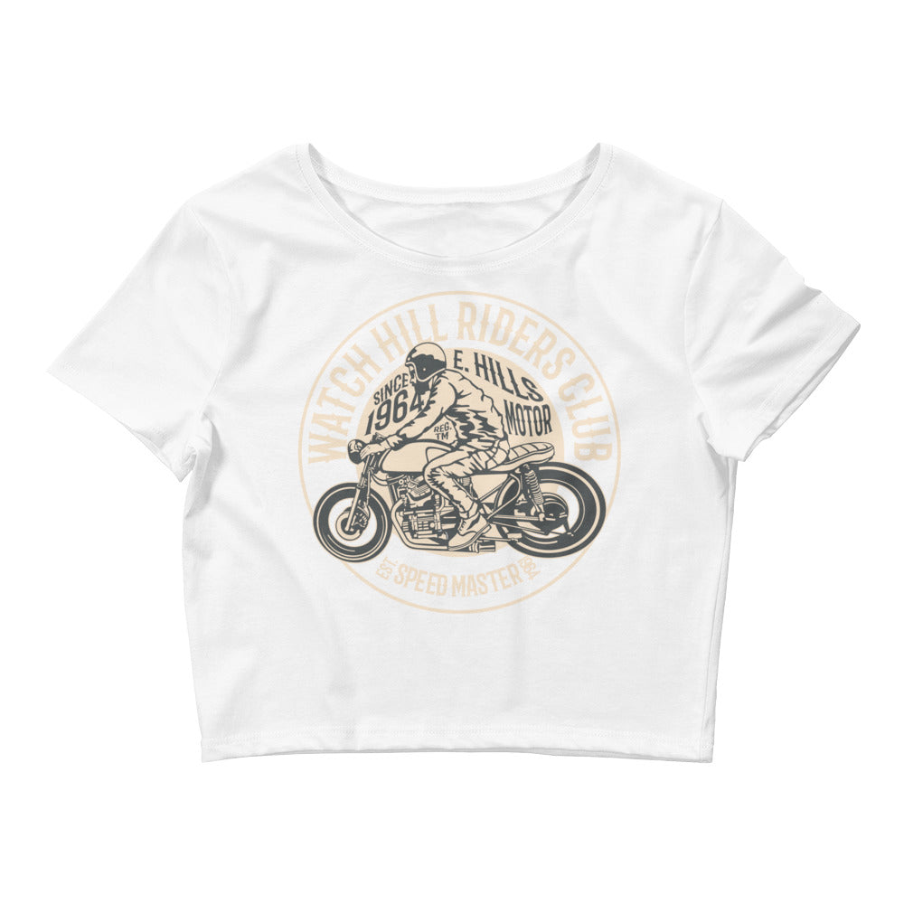 Watchill’n ‘Riders Club’ - Women’s Crop Tee (Tan) - Watch Hill RI t-shirts with vintage surfing and motorcycle designs.