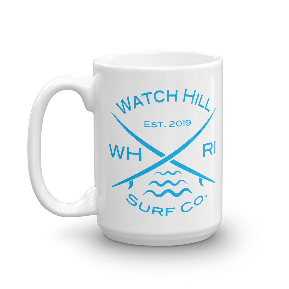 Watch Hill ‘Surf Co.’ Ceramic Mugs in 11oz. or 15oz. (Cyan) - Watch Hill RI t-shirts with vintage surfing and motorcycle designs.