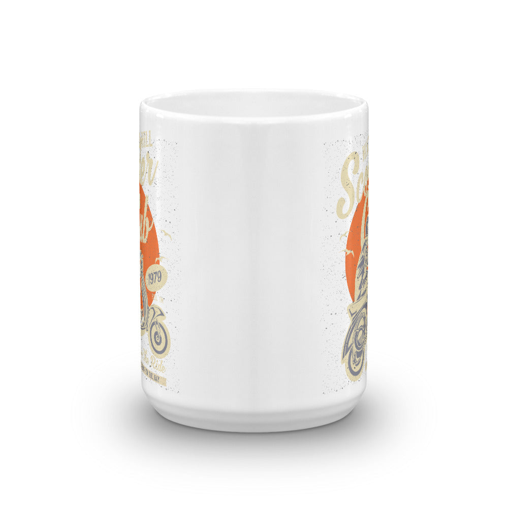 Watchill’n ‘Scooter Club’ Ceramic Mugs in 11oz. or 15oz. (Creme/Cyan) - Watch Hill RI t-shirts with vintage surfing and motorcycle designs.