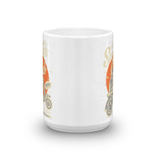 Load image into Gallery viewer, Watchill’n ‘Scooter Club’ Ceramic Mugs in 11oz. or 15oz. (Creme/Cyan) - Watch Hill RI t-shirts with vintage surfing and motorcycle designs.
