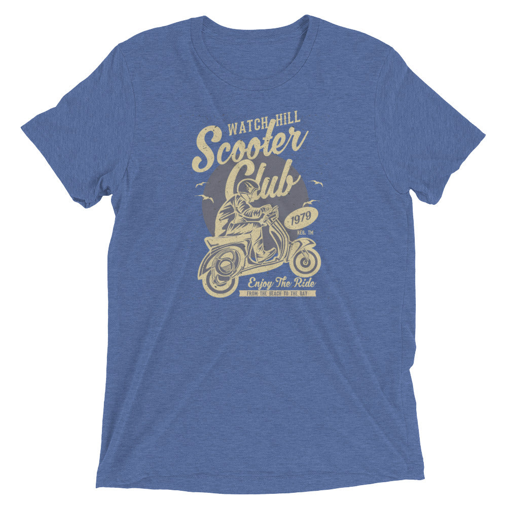 Watchill’n ‘Scooter Club’ Unisex Short Sleeve t-shirt (Creme/Grey) - Watch Hill RI t-shirts with vintage surfing and motorcycle designs.