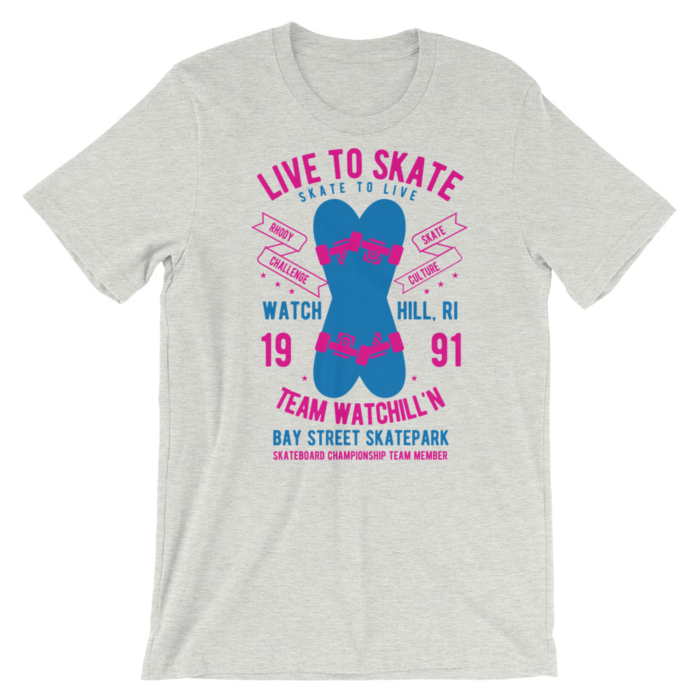 Watchill'n 'Live to Skate' - Short-Sleeve Unisex T-Shirt (Pink/Blue) - Watchill'n