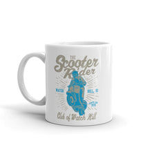Load image into Gallery viewer, Watchill’n ‘Scooter Rider’ Ceramic Mugs in 11oz. or 15oz. (Grey/Cyan) - Watch Hill RI t-shirts with vintage surfing and motorcycle designs.