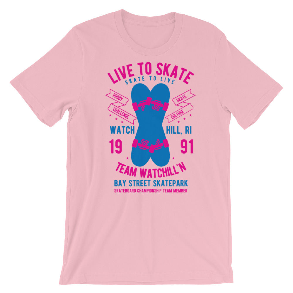 Watchill'n 'Live to Skate' - Short-Sleeve Unisex T-Shirt (Pink/Blue) - Watchill'n