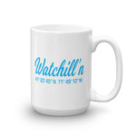 Watchill'n 'Local Coordinates' Ceramic Mug - (Cyan) - Watch Hill RI t-shirts with vintage surfing and motorcycle designs.