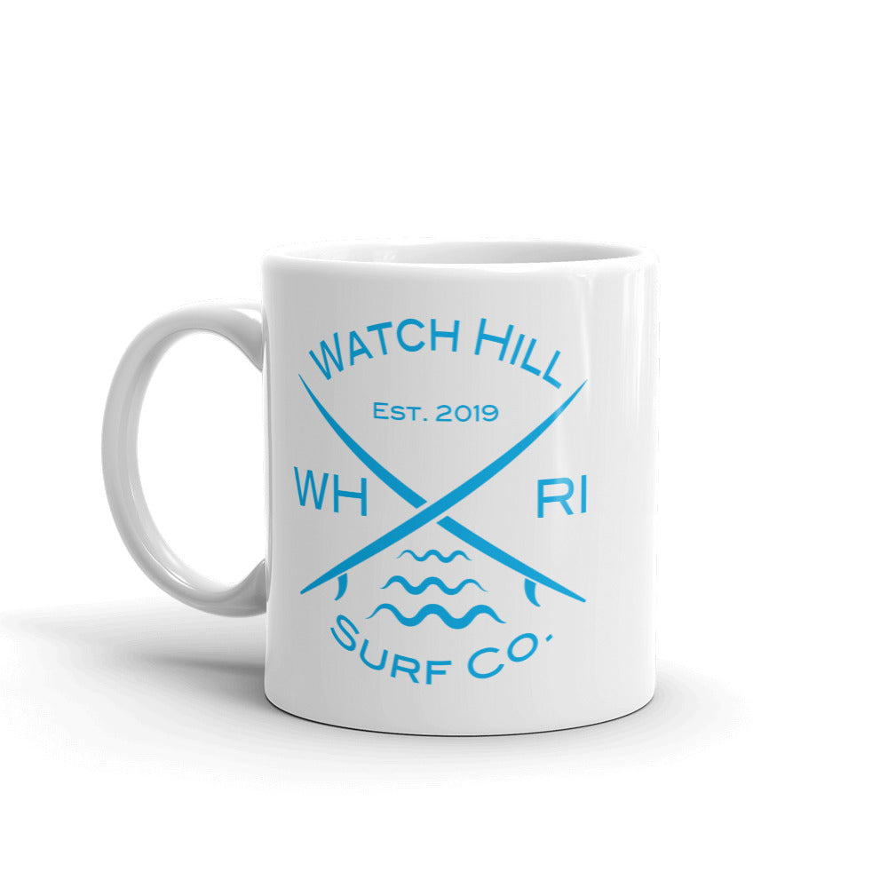 Watch Hill ‘Surf Co.’ Ceramic Mugs in 11oz. or 15oz. (Cyan) - Watch Hill RI t-shirts with vintage surfing and motorcycle designs.