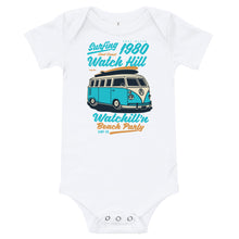 Load image into Gallery viewer, Watchill&#39;n &#39;Beach Party&#39; - Baby Jersey Short Sleeve One Piece (Turquoise) - Watch Hill RI t-shirts with vintage surfing and motorcycle designs.