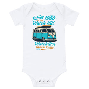 Watchill'n 'Beach Party' - Baby Jersey Short Sleeve One Piece (Turquoise) - Watch Hill RI t-shirts with vintage surfing and motorcycle designs.