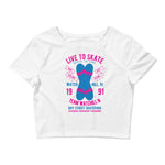 Watchill'n 'Live to Skate' - Women’s Crop Tee (Pink/Blue) - Watch Hill RI t-shirts with vintage surfing and motorcycle designs.