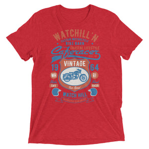 Watchill’n ‘Bike Barn’ Unisex Short sleeve t-shirt (Rust/Lt Blue) - Watchill'n