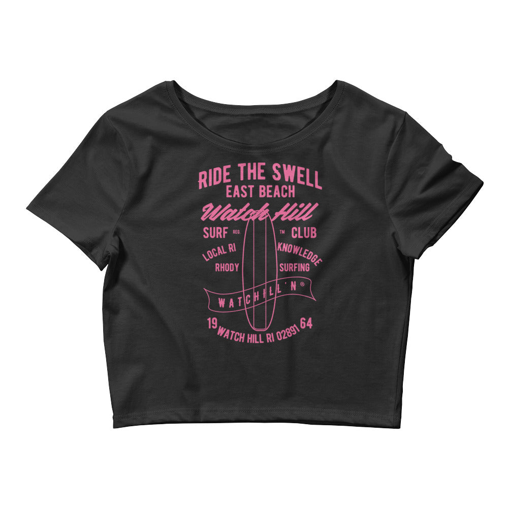 Watchill'n 'Ride the Swell' - Women’s Crop Tee (Pink) - Watch Hill RI t-shirts with vintage surfing and motorcycle designs.