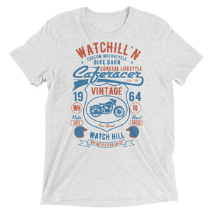 Watchill’n ‘Bike Barn’ Unisex Short sleeve t-shirt (Rust/Blue) - Watchill'n