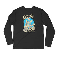 Load image into Gallery viewer, Watchill’n ‘Scooter Rider’ Premium Long Sleeve Fitted Crew (Tan/Cyan) - Watch Hill RI t-shirts with vintage surfing and motorcycle designs.