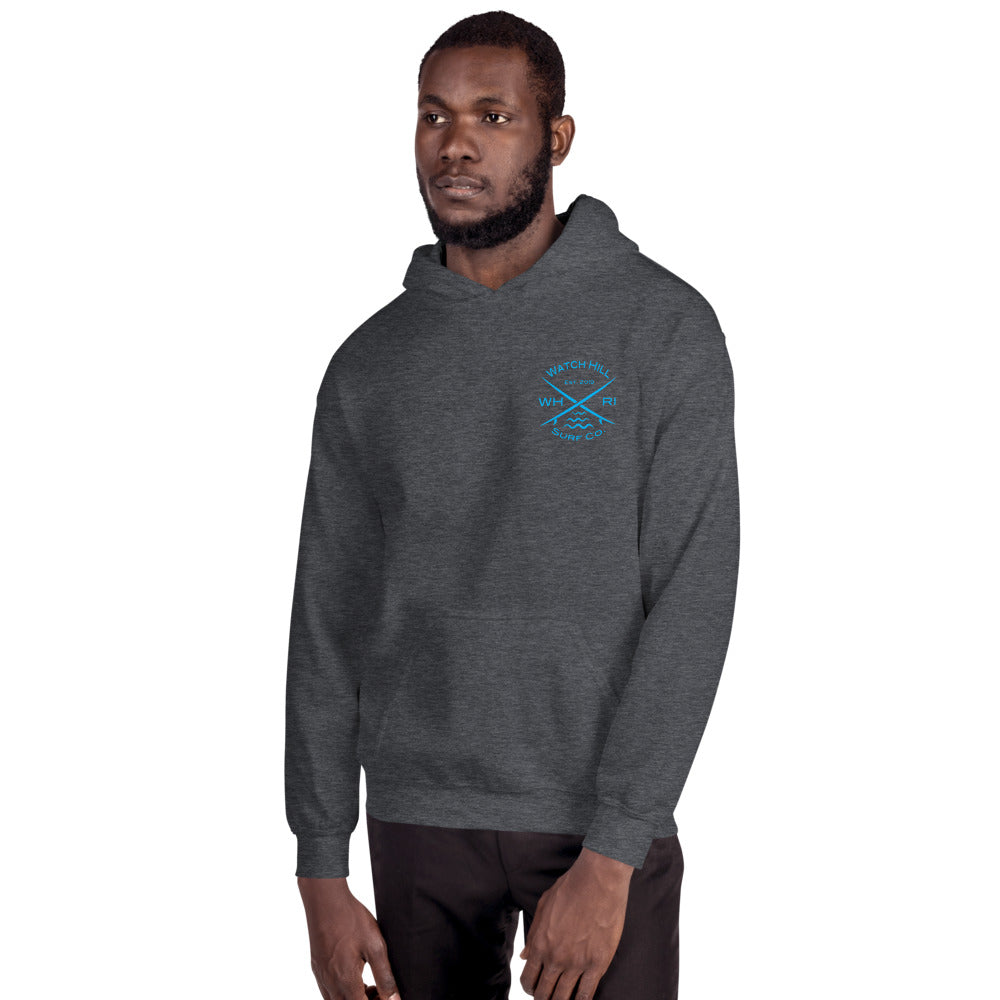 Watch Hill 'Surf Co.’ Unisex Hoodie (Blue) - Watch Hill RI t-shirts with vintage surfing and motorcycle designs.