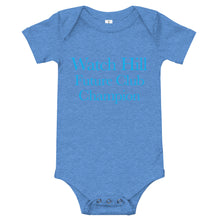 Load image into Gallery viewer, Watch Hill &#39;Club Champion&#39; - Baby Jersey Short Sleeve One Piece (Cyan) - Watch Hill RI t-shirts with vintage surfing and motorcycle designs.