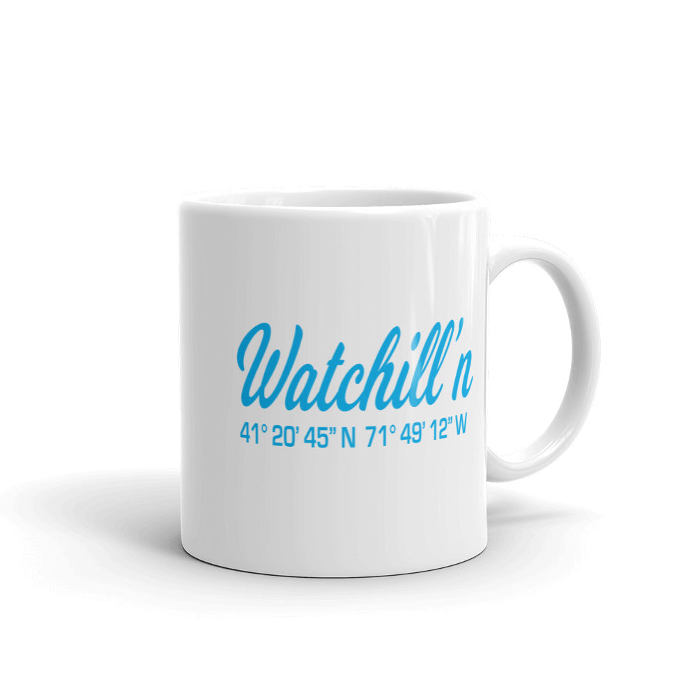 Watchill'n 'Local Coordinates' Ceramic Mug - (Cyan) - Watch Hill RI t-shirts with vintage surfing and motorcycle designs.