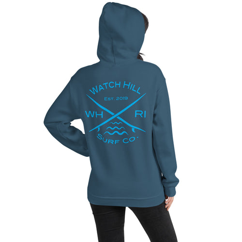 Watch Hill 'Surf Co.’ Unisex Hoodie (Blue) - Watch Hill RI t-shirts with vintage surfing and motorcycle designs.