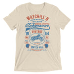 Watchill’n ‘Bike Barn’ Unisex Short sleeve t-shirt (Rust/Blue) - Watchill'n