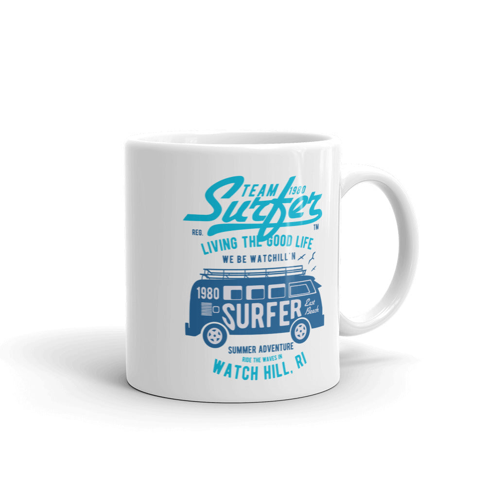 Watchill'n 'Team Surfer' Ceramic Mug - (Cyan/Blue) - Watch Hill RI t-shirts with vintage surfing and motorcycle designs.