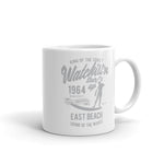 Watchill'n 'Surfs Up' Ceramic Mug - (Grey) - Watch Hill RI t-shirts with vintage surfing and motorcycle designs.