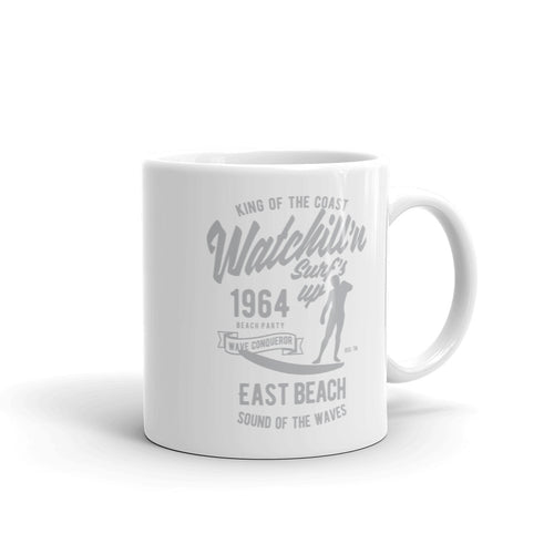 Watchill'n 'Surfs Up' Ceramic Mug - (Grey) - Watch Hill RI t-shirts with vintage surfing and motorcycle designs.