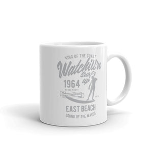 Watchill'n 'Surfs Up' Ceramic Mug - (Grey) - Watch Hill RI t-shirts with vintage surfing and motorcycle designs.