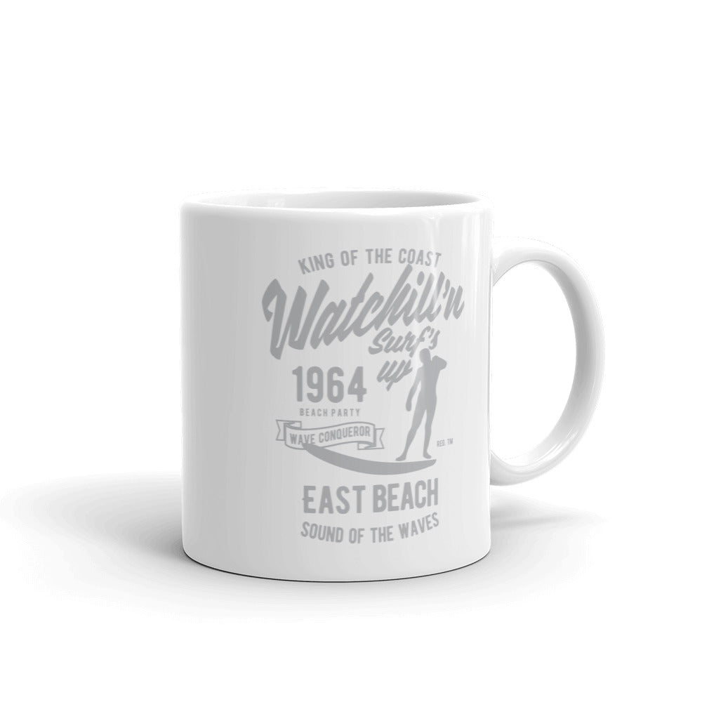 Watchill'n 'Surfs Up' Ceramic Mug - (Grey) - Watch Hill RI t-shirts with vintage surfing and motorcycle designs.