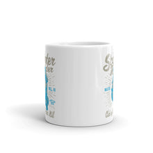 Load image into Gallery viewer, Watchill’n ‘Scooter Rider’ Ceramic Mugs in 11oz. or 15oz. (Grey/Cyan) - Watch Hill RI t-shirts with vintage surfing and motorcycle designs.