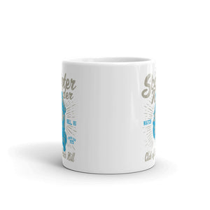 Watchill’n ‘Scooter Rider’ Ceramic Mugs in 11oz. or 15oz. (Grey/Cyan) - Watch Hill RI t-shirts with vintage surfing and motorcycle designs.
