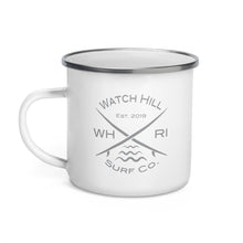Load image into Gallery viewer, Watch Hill Surf Co. &#39;Crossed Boards&#39; Enamel Mug (Grey) - Watch Hill RI t-shirts with vintage surfing and motorcycle designs.