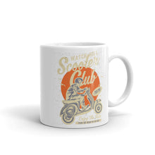 Load image into Gallery viewer, Watchill’n ‘Scooter Club’ Ceramic Mugs in 11oz. or 15oz. (Creme/Cyan) - Watch Hill RI t-shirts with vintage surfing and motorcycle designs.