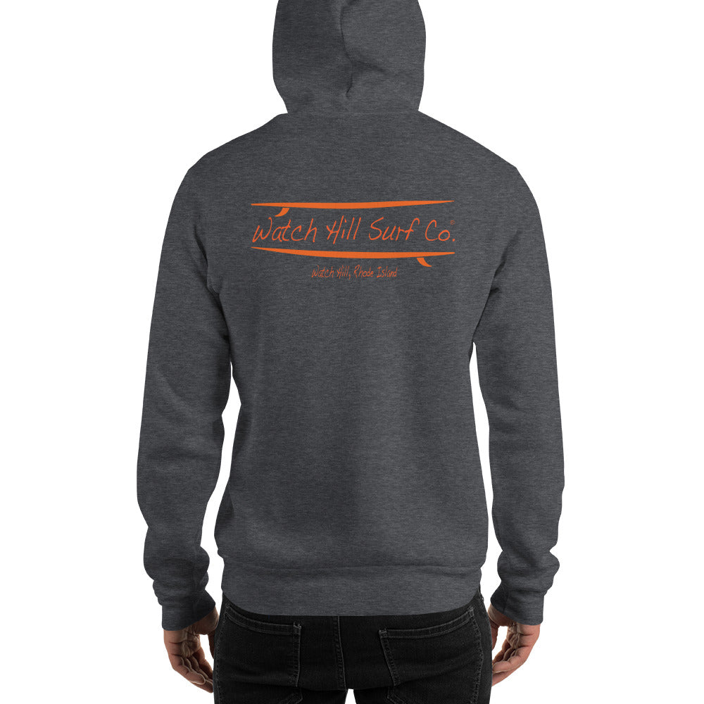 Watch Hill Surf Co. 'Parallel Boards' Unisex Hoodie - (Orange) - Watch Hill RI t-shirts with vintage surfing and motorcycle designs.