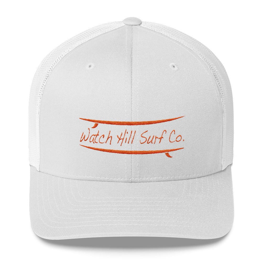 Watch Hill Surf Co. 'Parallel Boards' Trucker Cap (Orange) - Watch Hill RI t-shirts with vintage surfing and motorcycle designs.