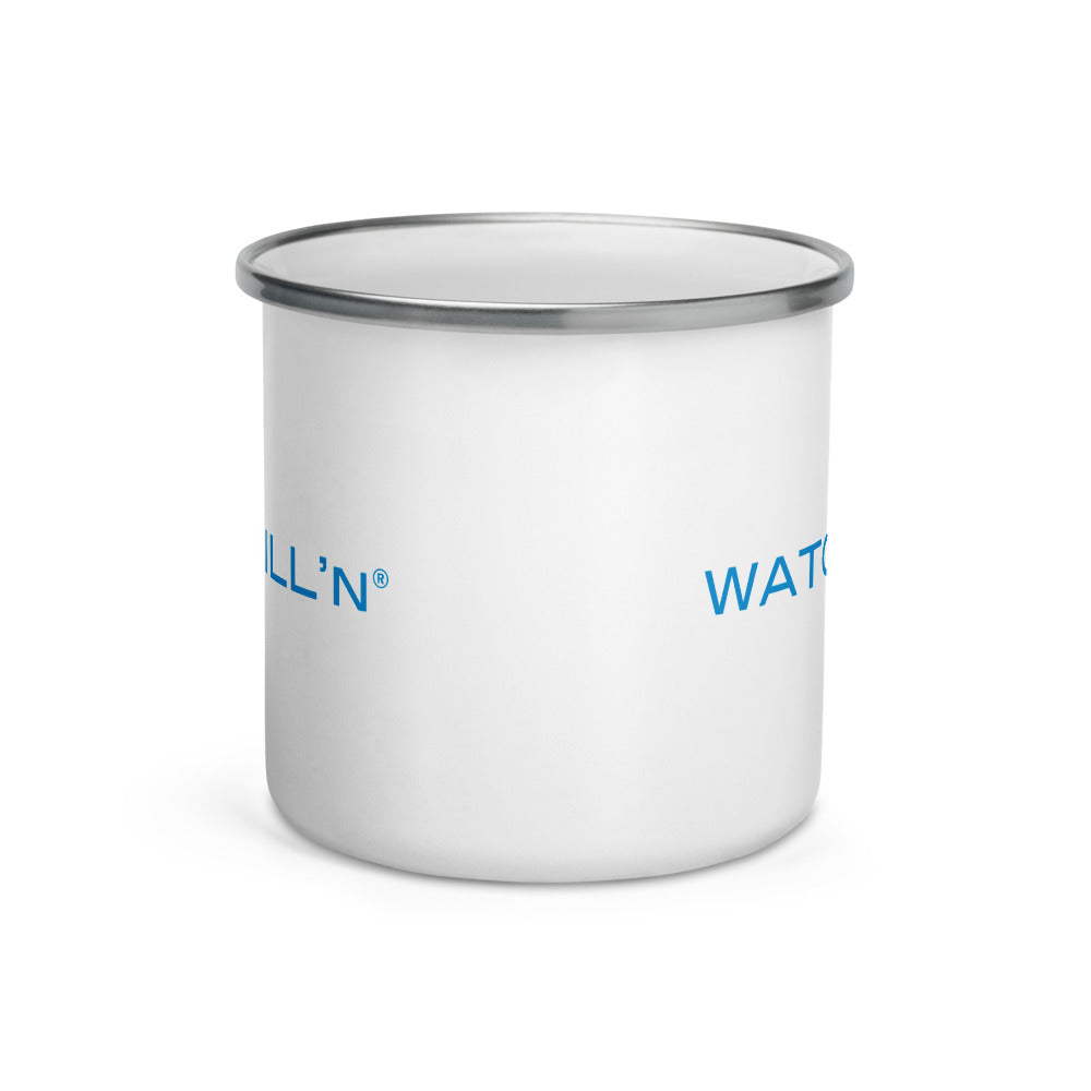 Watchill'n 'New School' Logo Enamel Mug (Cyan) - Watch Hill RI t-shirts with vintage surfing and motorcycle designs.