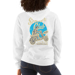 Watchill’n ‘Scooter Club’ Unisex Hoodie (Creme/Cyan) - Watch Hill RI t-shirts with vintage surfing and motorcycle designs.