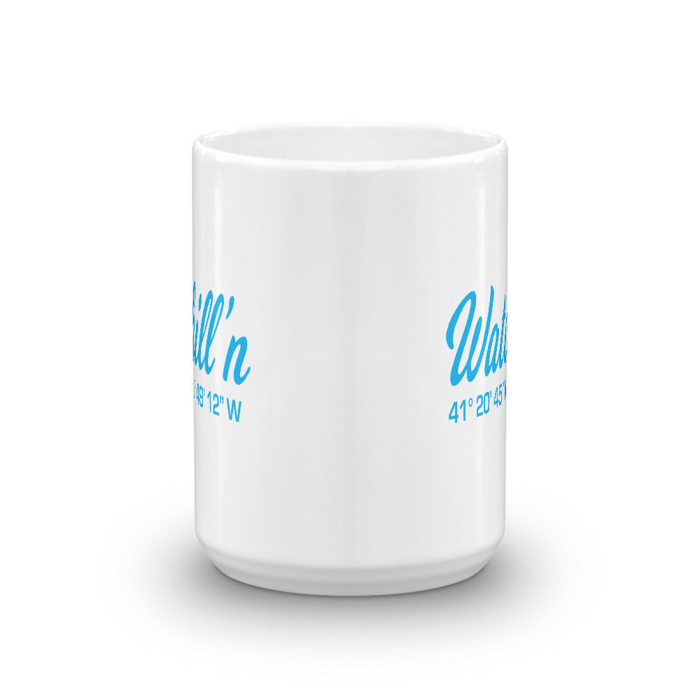 Watchill'n 'Local Coordinates' Ceramic Mug - (Cyan) - Watch Hill RI t-shirts with vintage surfing and motorcycle designs.