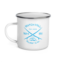 Load image into Gallery viewer, Watch Hill Surf Co. &#39;Crossed Boards&#39; Enamel Mug (Cyan) - Watch Hill RI t-shirts with vintage surfing and motorcycle designs.