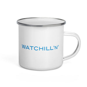Watchill'n 'New School' Logo Enamel Mug (Cyan) - Watch Hill RI t-shirts with vintage surfing and motorcycle designs.