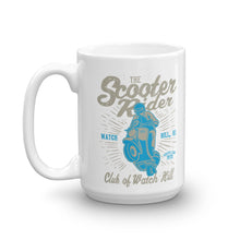 Load image into Gallery viewer, Watchill’n ‘Scooter Rider’ Ceramic Mugs in 11oz. or 15oz. (Grey/Cyan) - Watch Hill RI t-shirts with vintage surfing and motorcycle designs.