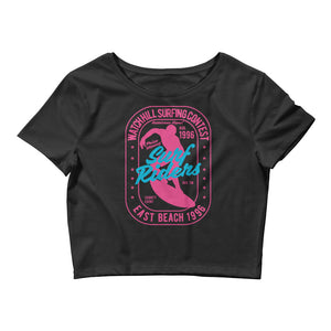 Watchill'n 'Surf Rider' - Women’s Crop Tee (Pink) - Watch Hill RI t-shirts with vintage surfing and motorcycle designs.