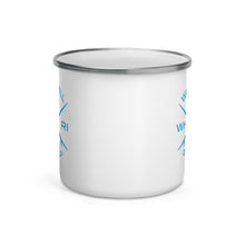 Load image into Gallery viewer, Watch Hill Surf Co. &#39;Crossed Boards&#39; Enamel Mug (Cyan) - Watch Hill RI t-shirts with vintage surfing and motorcycle designs.