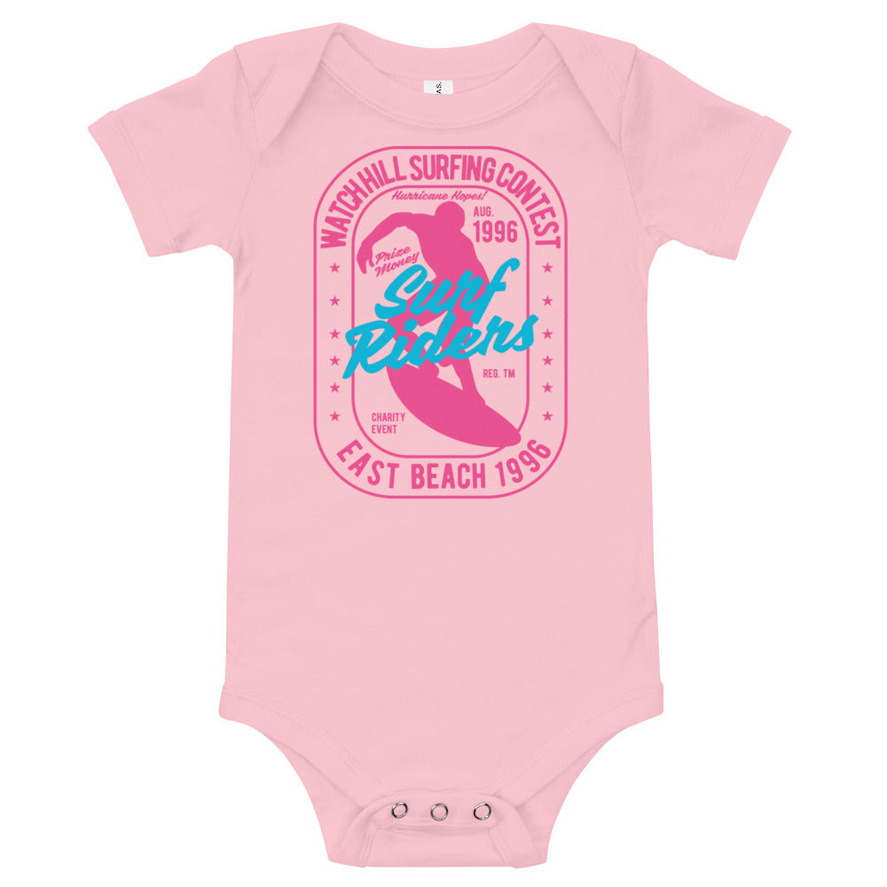 Watchill'n 'Surf Rider' - Baby Jersey Short Sleeve One Piece (Pink) - Watch Hill RI t-shirts with vintage surfing and motorcycle designs.