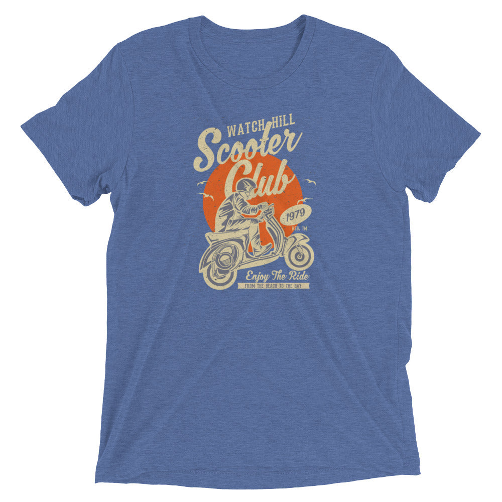Watchill’n ‘Scooter Club’ Unisex Short Sleeve t-shirt (Creme/Orange) - Watch Hill RI t-shirts with vintage surfing and motorcycle designs.