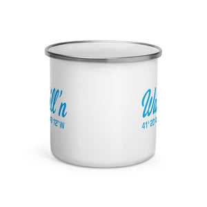 Watchill'n 'Coordinates' Enamel Mug (Cyan) - Watch Hill RI t-shirts with vintage surfing and motorcycle designs.