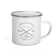 Load image into Gallery viewer, Watch Hill Surf Co. &#39;Crossed Boards&#39; Enamel Mug (Grey) - Watch Hill RI t-shirts with vintage surfing and motorcycle designs.