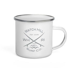 Watch Hill Surf Co. 'Crossed Boards' Enamel Mug (Grey) - Watch Hill RI t-shirts with vintage surfing and motorcycle designs.